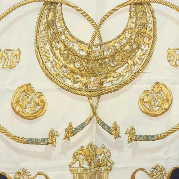 HERMES Carre 90 Scarf ""LES CAVALIERS D'OR"" Silk Navy Auth - Picture 6 of 15